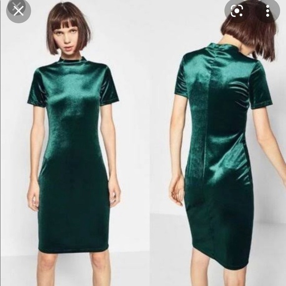 Zara Trafaluc Dark Green Velvet Dress - Picture 1 of 8